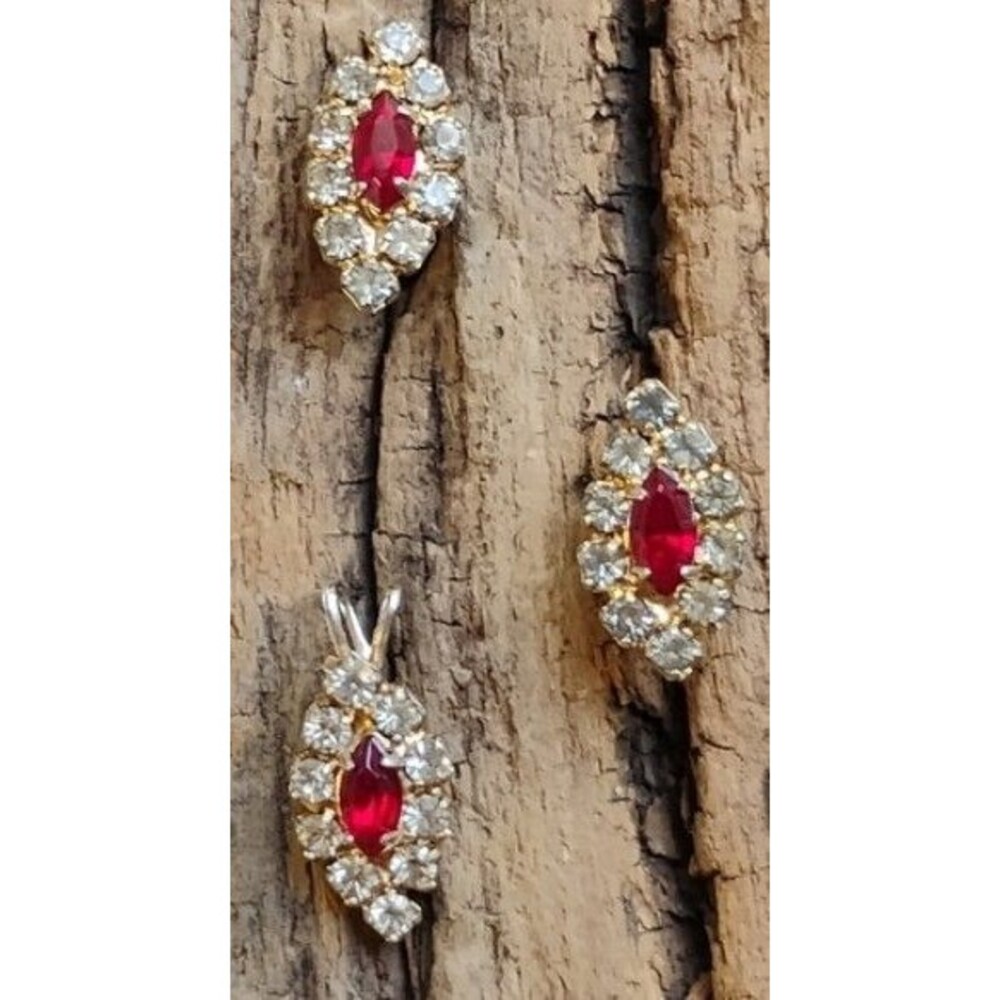1940's Red Ruby & Clear Rhinestones Earrings and Matching Pendant